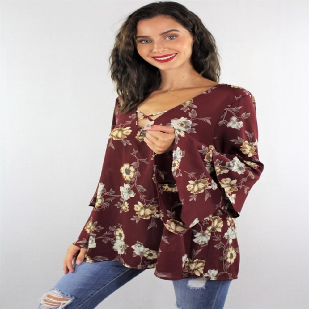 Bell Sleeve V Neck Floral Top